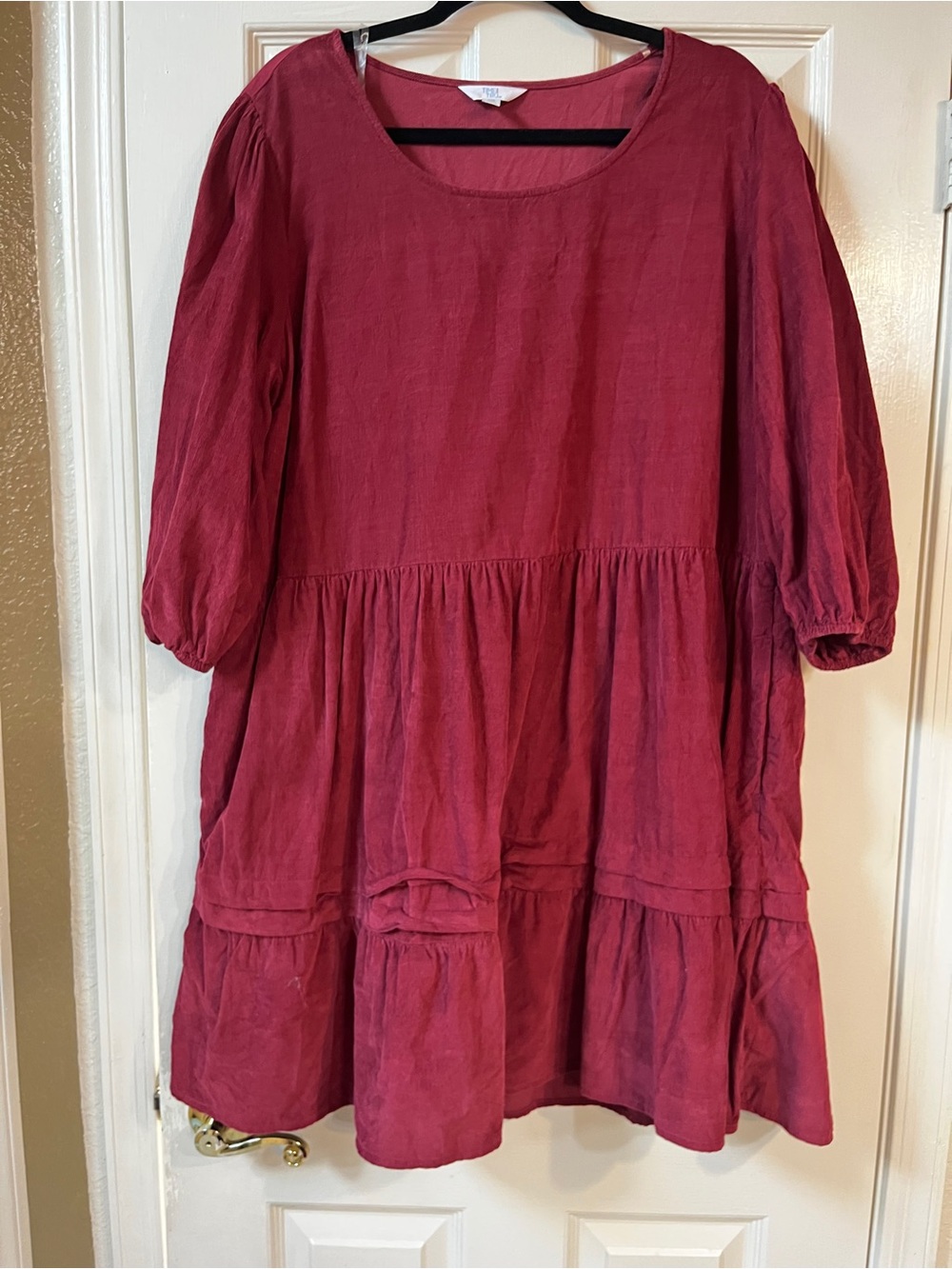 Loose Tiered Peasant Dress in Deep Berry Corduroy